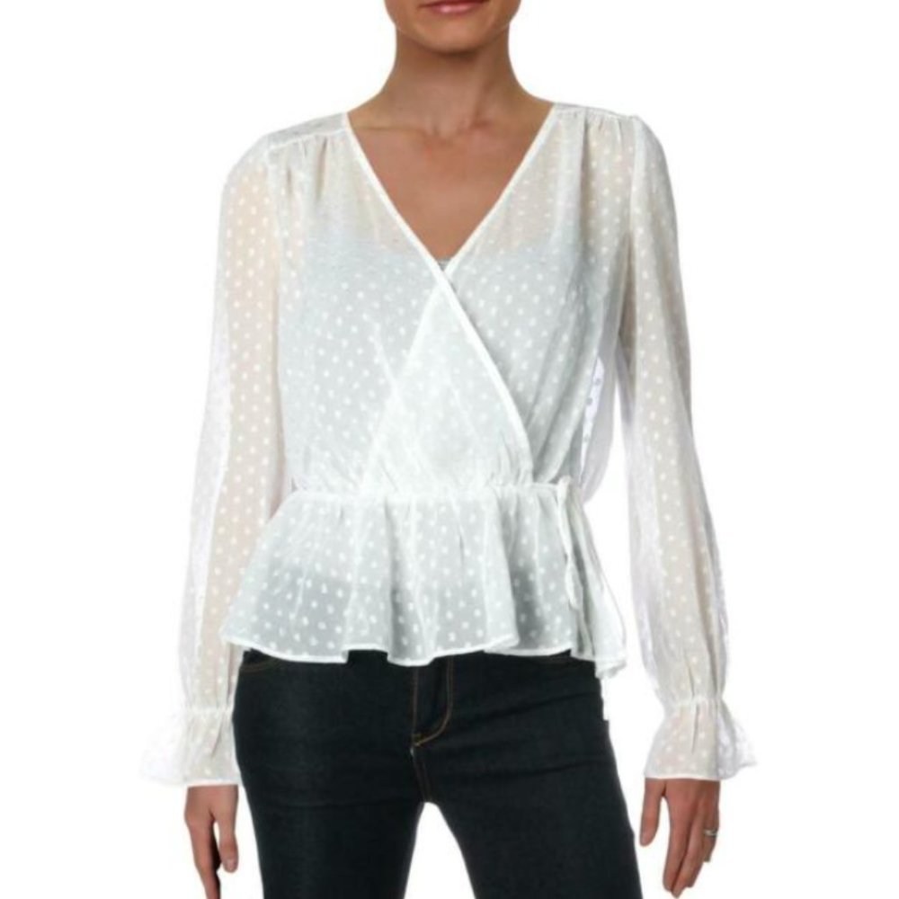 Aqua white polka-dot wrap blouse